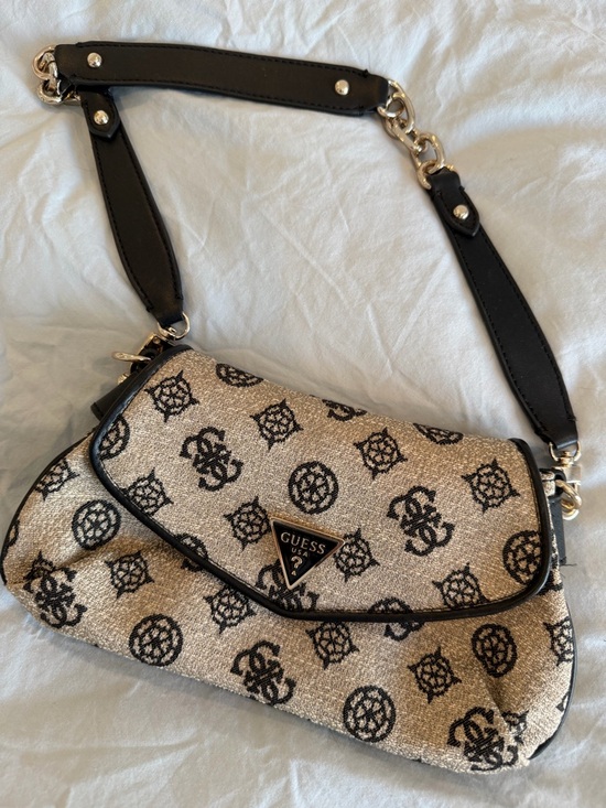 Guess Handbags - GUESS Beige and Black Monogram Shoulder Bag with Gold Accents